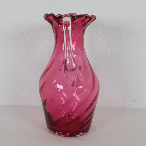 Handblown Clear Cranberry Swirled Glass Vase Ruffled Rim Double Handled 8.25" - Picture 2 of 8